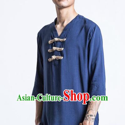 Asian China National Costume Blue Linen Shirts, Traditional Chinese Tang Suit Plated Buttons Upper Outer Garment Clothing for Men