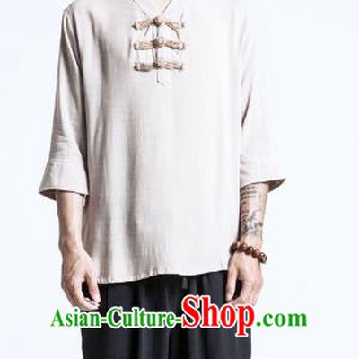 Asian China National Costume White Linen Shirts, Traditional Chinese Tang Suit Plated Buttons Upper Outer Garment Clothing for Men