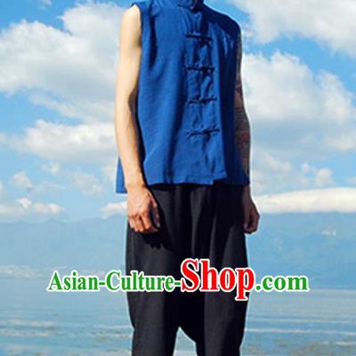 Asian China National Costume Blue Linen Vests, Traditional Chinese Tang Suit Plated Buttons Upper Outer Garment Waistcoat Clothing for Men