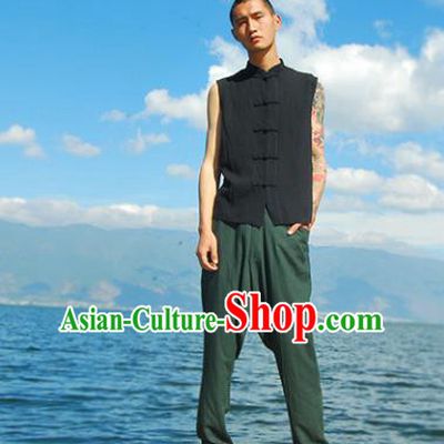 Asian China National Costume Black Linen Vests, Traditional Chinese Tang Suit Plated Buttons Upper Outer Garment Waistcoat Clothing for Men