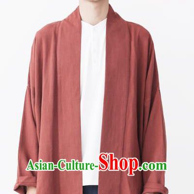 Asian China National Costume Red Linen Cardigan, Traditional Chinese Tang Suit Coat Clothing for Men
