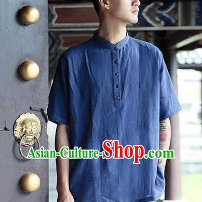 Asian China National Costume Blue Linen Stand Collar T-Shirts, Traditional Chinese Tang Suit Coconut Buttons Upper Outer Garment Clothing for Men