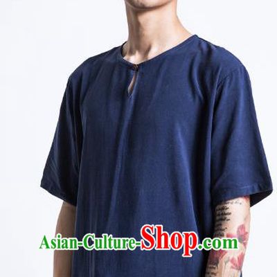 Asian China National Costume Blue Linen T-Shirts, Traditional Chinese Tang Suit Coconut Buttons Upper Outer Garment Clothing for Men