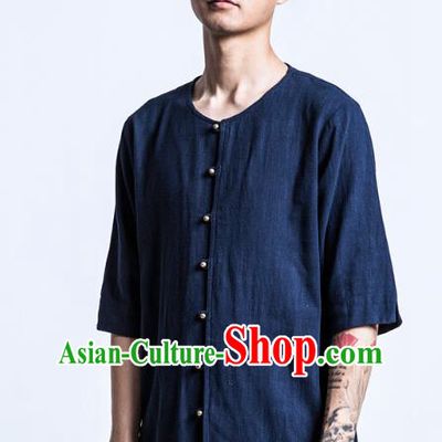 Asian China National Costume Navy Linen T-Shirts, Traditional Chinese Tang Suit Brass Buttons Upper Outer Garment Clothing for Men