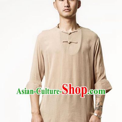 Asian China National Costume Khaki Linen T-Shirts, Traditional Chinese Tang Suit Plated Buttons Upper Outer Garment Clothing for Men