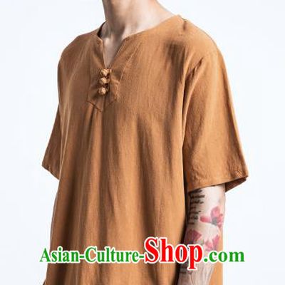 Asian China National Costume Brown Linen T-Shirts, Traditional Chinese Tang Suit Plated Buttons Upper Outer Garment Clothing for Men