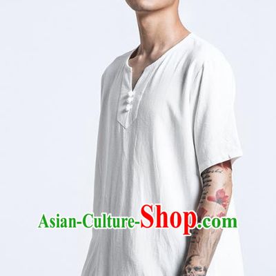 Asian China National Costume White Linen T-Shirts, Traditional Chinese Tang Suit Plated Buttons Upper Outer Garment Clothing for Men