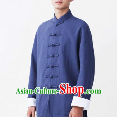 Asian China National Costume Blue Linen Shirts, Traditional Chinese Tang Suit Plated Buttons Upper Outer Garment Clothing for Men