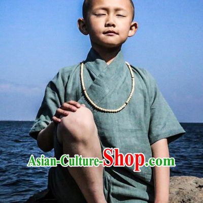 Asian China National Costume Green Linen Monk Clothing, Traditional Chinese Tang Suit Zen Clothing for Kids