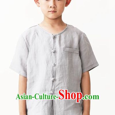 Asian China National Costume Grey Linen Kung Fu Shirts, Traditional Chinese Tang Suit Upper Outer Garment Clothing for Kids