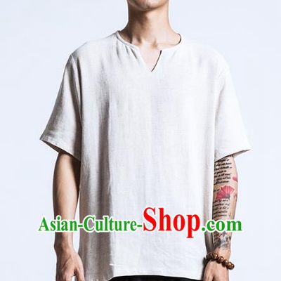 Asian China National Costume White Linen T-Shirts, Traditional Chinese Tang Suit Upper Outer Garment Clothing for Men