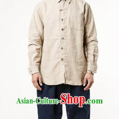 Asian China National Beige Linen Costume Martial Arts Kung Fu Shirts, Traditional Chinese Tang Suit Upper Outer Garment Clothing for Men