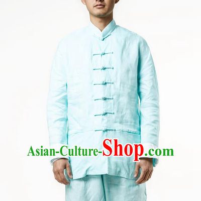 Asian China National Green Linen Costume Martial Arts Kung Fu Training Uniform, Traditional Chinese Tang Suit Shaolin Wushu Clothing for Men