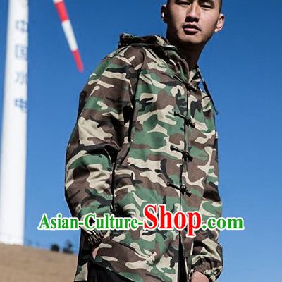 Asian China National Costume Martial Arts Kung Fu Camouflage Coat, Traditional Chinese Tang Suit Upper Outer Garment Clothing for Men
