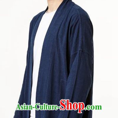 Asian China National Costume Navy Linen Cardigan, Traditional Chinese Tang Suit Coat Clothing for Men