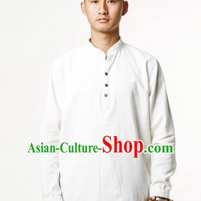Asian China National Costume White Linen Shirts, Traditional Chinese Tang Suit Upper Outer Garment Clothing for Men