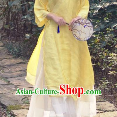 Asian China National Costume Yellow Linen Hanfu Dress, Traditional Chinese Tang Suit Slant Opening Cheongsam Clothing for Women