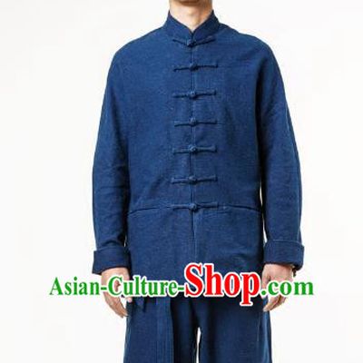 Asian China National Costume Blue Linen Shirts, Traditional Chinese Tang Suit Plated Buttons Upper Outer Garment Clothing for Men