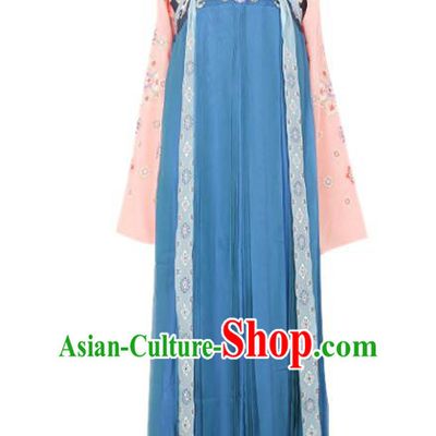 Asian China Tang Dynasty Princess Embroidered Clothing Complete Set, Traditional Ancient Chinese Palace Lady Hanfu Blue Slip Skirt Costume for Women