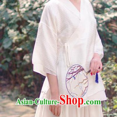 Asian China National Costume White Linen Hanfu Blouse, Traditional Chinese Tang Suit Upper Outer Garment Clothing for Women