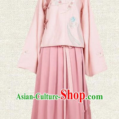 Asian China Ming Dynasty Princess Embroidered Blouse and Skirt, Traditional Ancient Chinese Palace Lady Hanfu Costume for Women