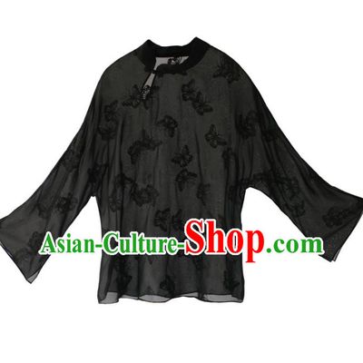 Asian China National Costume Black Silk Hanfu Blouse, Traditional Chinese Tang Suit Cheongsam Shirts Upper Outer Garment Clothing for Women