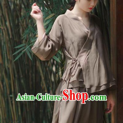 Asian China National Costume Slant Opening Grey Silk Hanfu Blouse, Traditional Chinese Tang Suit Cheongsam Shirts Upper Outer Garment Clothing for Women