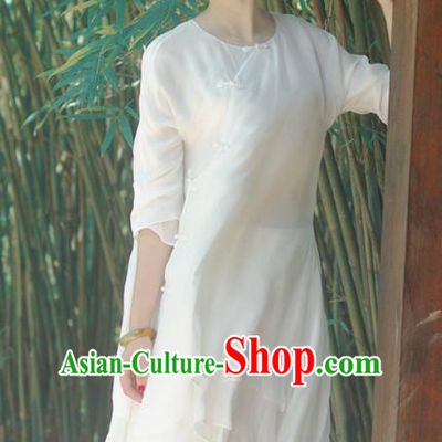 Asian China National Costume Slant Opening White Silk Hanfu Qipao Dress, Traditional Chinese Tang Suit Cheongsam Clothing for Women
