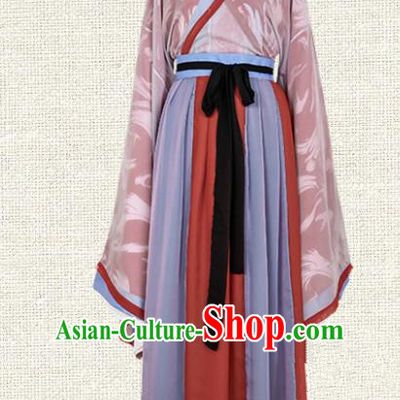 Asian China Jin Dynasty Swordsman Printing Red Clothing Complete Set, Traditional Ancient Chinese Palace Lady Hanfu Costume for Women