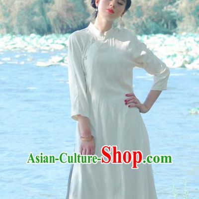 Asian China National Costume Slant Opening White Hanfu Qipao Dress, Traditional Chinese Tang Suit Cheongsam Clothing for Women