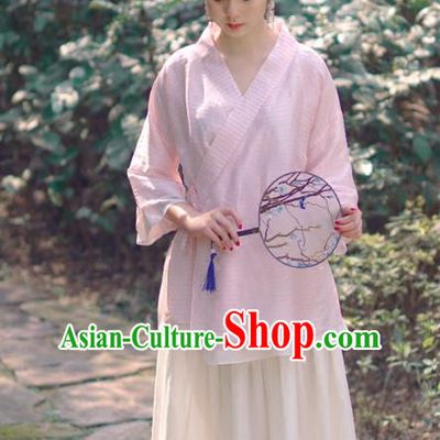 Asian China National Costume Slant Opening Pink Silk Hanfu Qipao Shirts, Traditional Chinese Tang Suit Cheongsam Blouse Clothing for Women