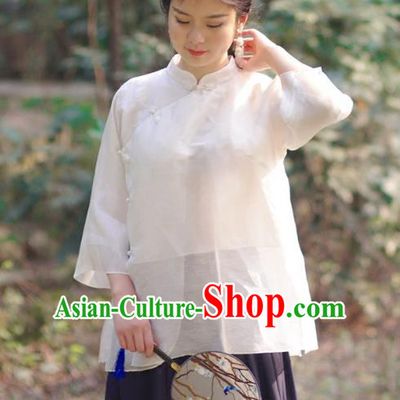 Asian China National Costume Slant Opening White Silk Hanfu Qipao Shirts, Traditional Chinese Tang Suit Cheongsam Blouse Clothing for Women
