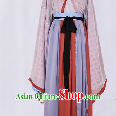 Asian China Jin Dynasty Swordsman Printing Clothing Complete Set, Traditional Ancient Chinese Palace Lady Elegant Hanfu Costume for Women