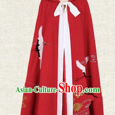Asian China Ming Dynasty Swordsman Embroidered Crane Red Cape, Traditional Ancient Chinese Palace Lady Elegant Hanfu Mantle for Women