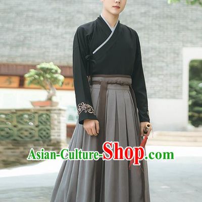 Asian China Han Dynasty Swordsman Embroidered Costume, Traditional Ancient Chinese Elegant Hanfu Black Clothing for Men