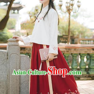 Asian China Ming Dynasty Palace Lady Embroidered Costume, Traditional Ancient Chinese Elegant Hanfu Blouse and Skirt for Women