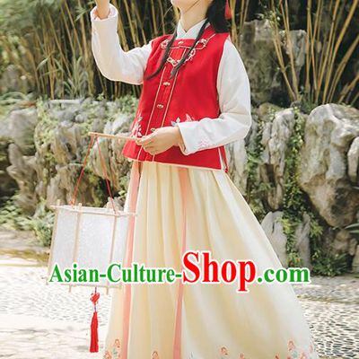 Asian China Ming Dynasty Palace Lady Embroidered Costume, Traditional Ancient Chinese Elegant Hanfu Red Vest Blouse and Skirt for Women