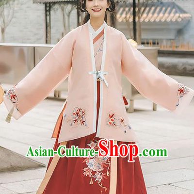 Asian China Ming Dynasty Palace Lady Embroidered Costume, Traditional Ancient Chinese Princess Elegant Hanfu Pink Cardigan for Women