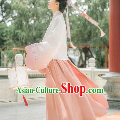 Asian China Ming Dynasty Princess Costume Embroidered White Blouse and Pink Skirt, Traditional Ancient Chinese Elegant Princess Hanfu Clothing for Women