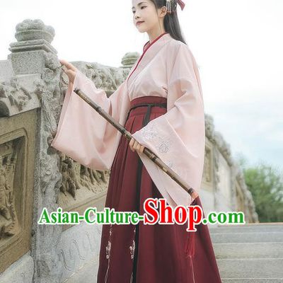 Asian China Ming Dynasty Princess Costume Embroidery Pink Blouse and Red Skirt, Traditional Ancient Chinese Princess Elegant Hanfu Clothing for Women