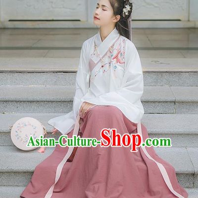 Asian China Ming Dynasty Princess Costume Embroidery White Blouse and Pink Skirt, Traditional Ancient Chinese Princess Elegant Hanfu Clothing for Women