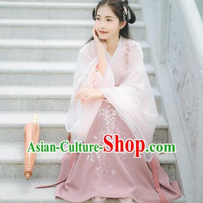 Asian China Han Dynasty Palace Lady Costume Embroidery Pink Blouse and Purple Skirt, Traditional Ancient Chinese Princess Elegant Hanfu Clothing for Women