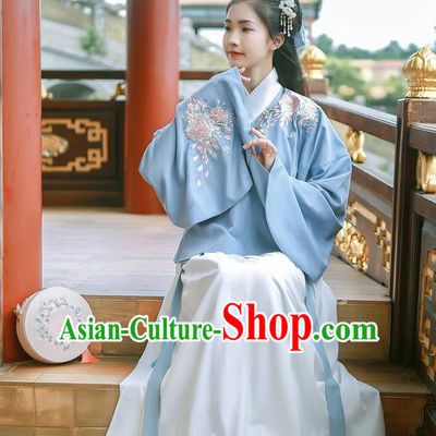 Asian China Ming Dynasty Palace Lady Costume Embroidery Blue Blouse and White Skirt, Traditional Ancient Chinese Princess Elegant Hanfu Clothing for Women