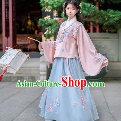 Asian China Ming Dynasty Palace Lady Wedding Costume Embroidery Pink Blouse and Blue Skirt, Traditional Ancient Chinese Princess Elegant Hanfu Clothing for Women