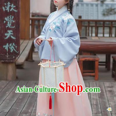 Asian China Ming Dynasty Palace Lady Wedding Costume Embroidery Blue Blouse and Pink Skirt, Traditional Ancient Chinese Princess Elegant Hanfu Clothing for Women