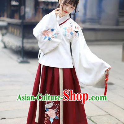 Asian China Ming Dynasty Palace Lady Wedding Costume Embroidery White Blouse and Red Skirt, Traditional Ancient Chinese Princess Elegant Hanfu Clothing for Women
