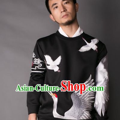 Asian China National Costume Embroidered Crane Black Sweater, Traditional Chinese Tang Suit Hoodie Clothing for Men
