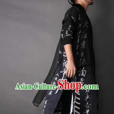 Asian China National Costume Printing Calligraphy Dust Coat, Traditional Chinese Tang Suit Cardigan Clothing for Men