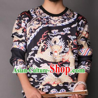 Asian China National Costume Printing Black Sweater, Traditional Chinese Tang Suit Hoodie Clothing for Men