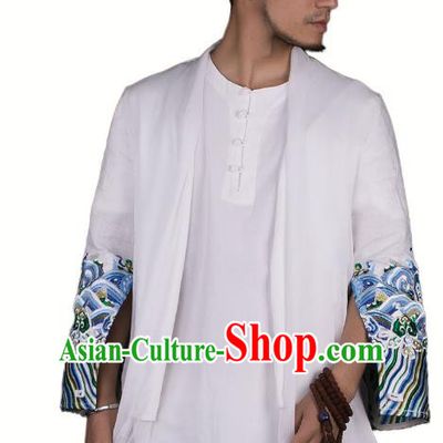 Asian China National Costume Embroidered Dust Coat, Traditional Chinese Tang Suit White Cardigan Clothing for Men